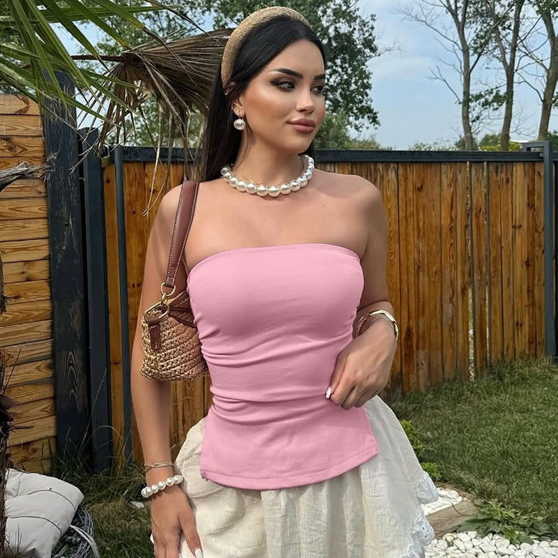 Women Clothing Summer Sexy Solid Color Tube Top Stretch Tight off Shoulder Top