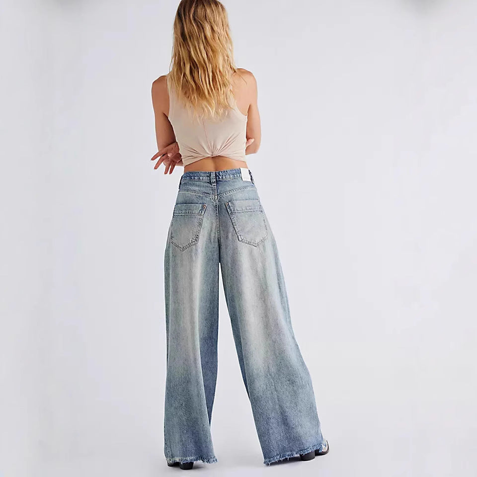 Retro Washed High Waist Drooping Straight Wide Leg Denim Trousers