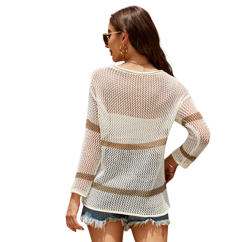 Outerwear Thin Sexy Knitted Top Loose All-Match round Neck Striped Hollow Out Cutout Sweater Corchet