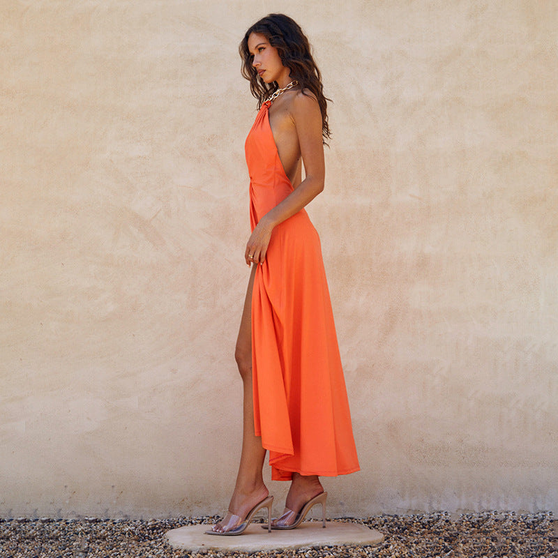 Women Clothing Solid Color Neck Hanging Chain Sub Hollow Out Cutout Backless Split Maxi Dress