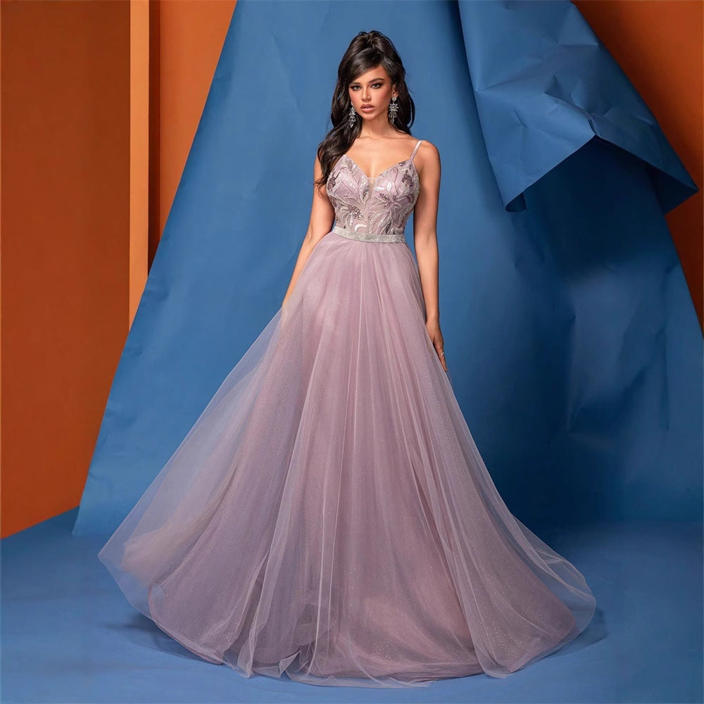 Robe de demoiselle d'honneur rose à paillettes et col en V, élégante, dos nu, en maille perlée, pour le dîner