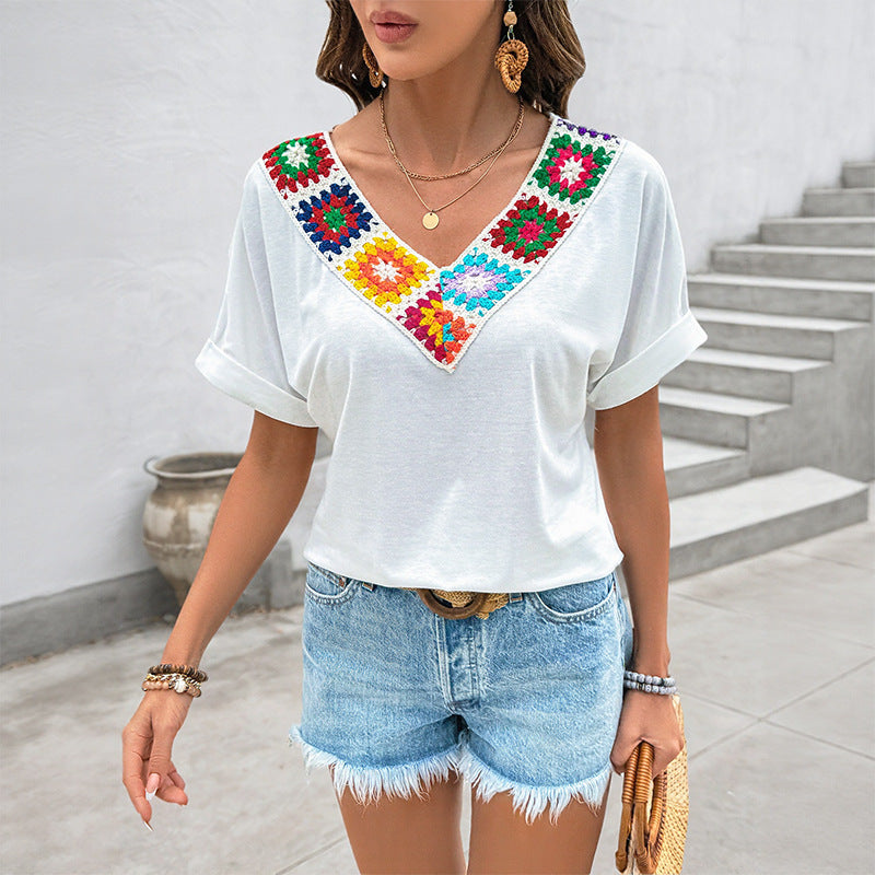 Women Casual Vacation V neck Ethnic Colorful Crochet Patchwork Top