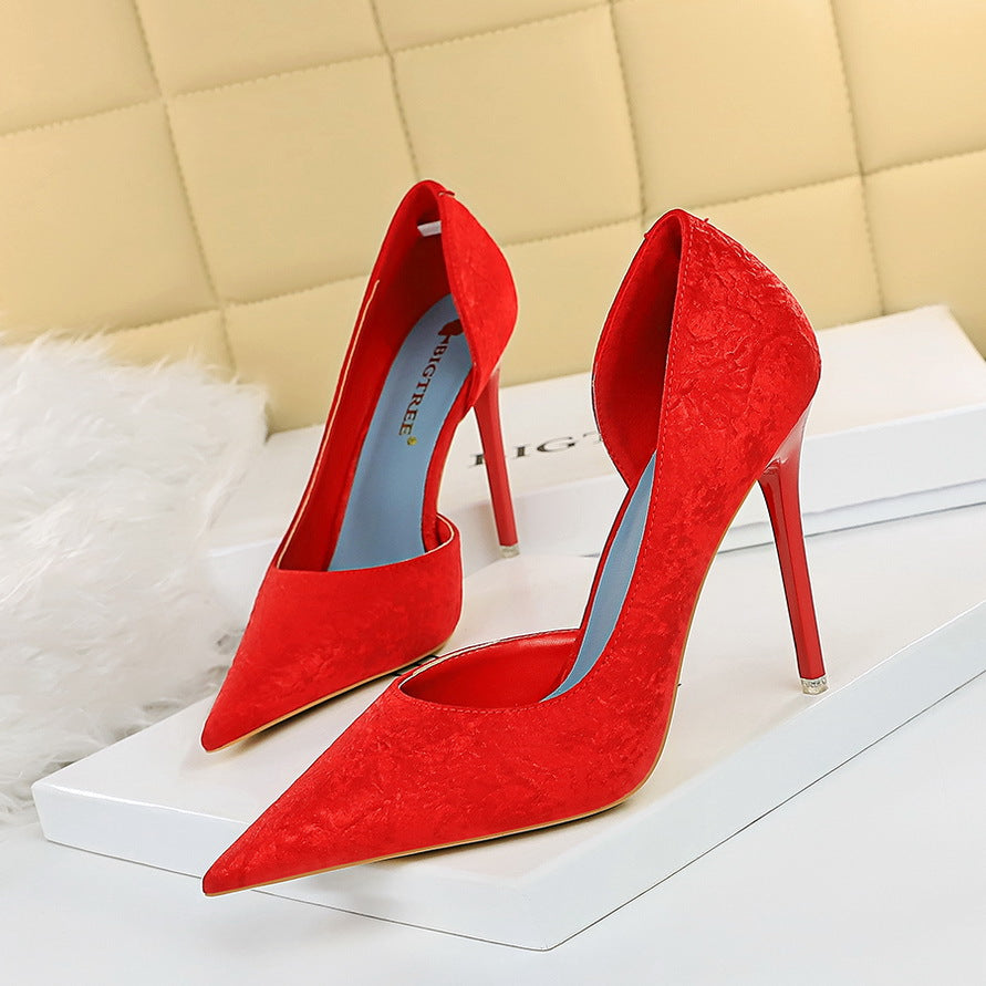 Fashionable Sexy Figure Flattering Side Hollow Out Cutout High Heels Stiletto Heel Cloth Surface Shallow Mouth Pointed Toe Super High Heel Pumps