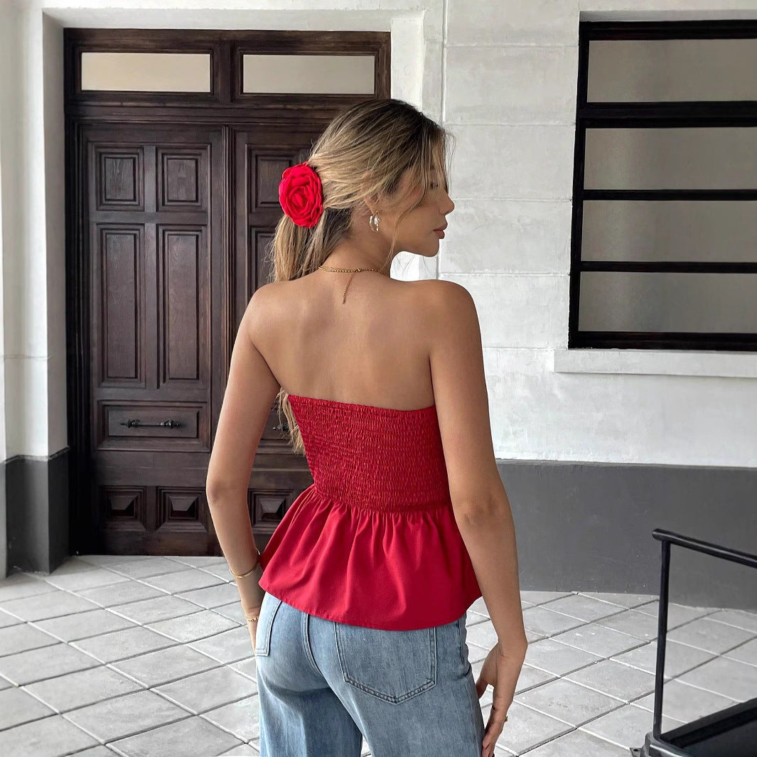 Pleated Tube Top Ruffled Bow Short Slimming Western Red Top for Women
