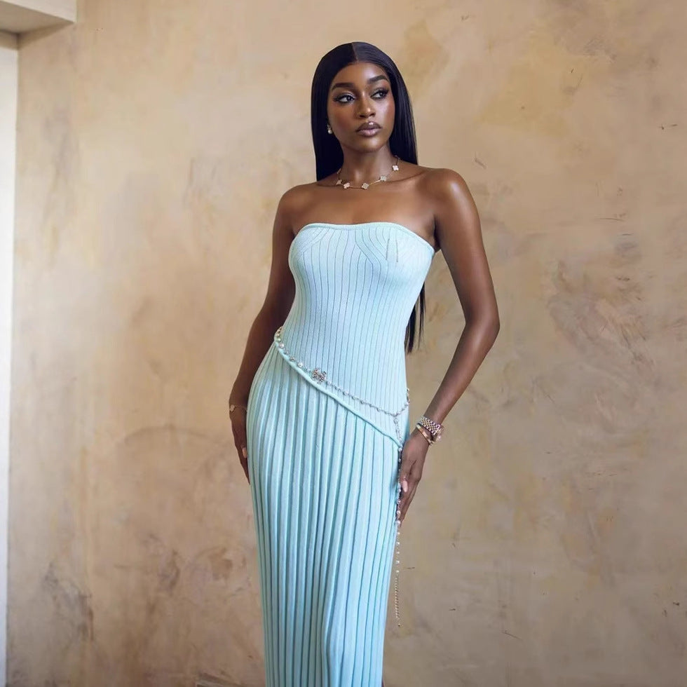 Spring Summer Tube Top Twisted Floral Split Long Wool Dress