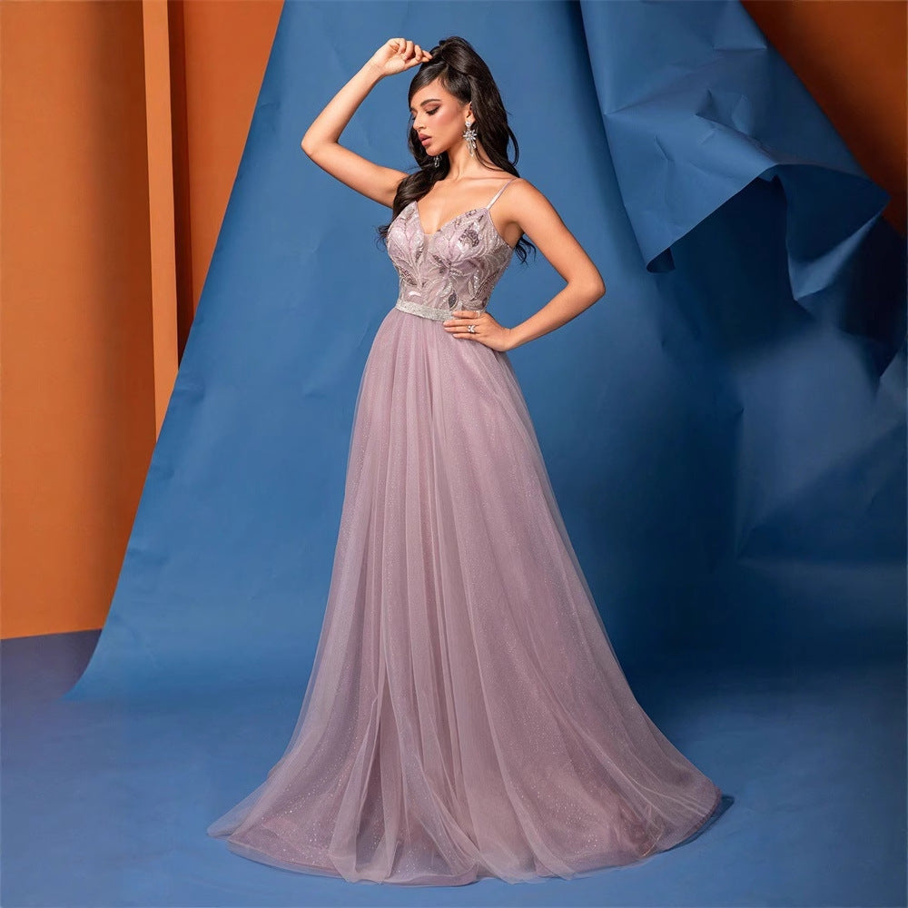 Robe de demoiselle d'honneur rose à paillettes et col en V, élégante, dos nu, en maille perlée, pour le dîner