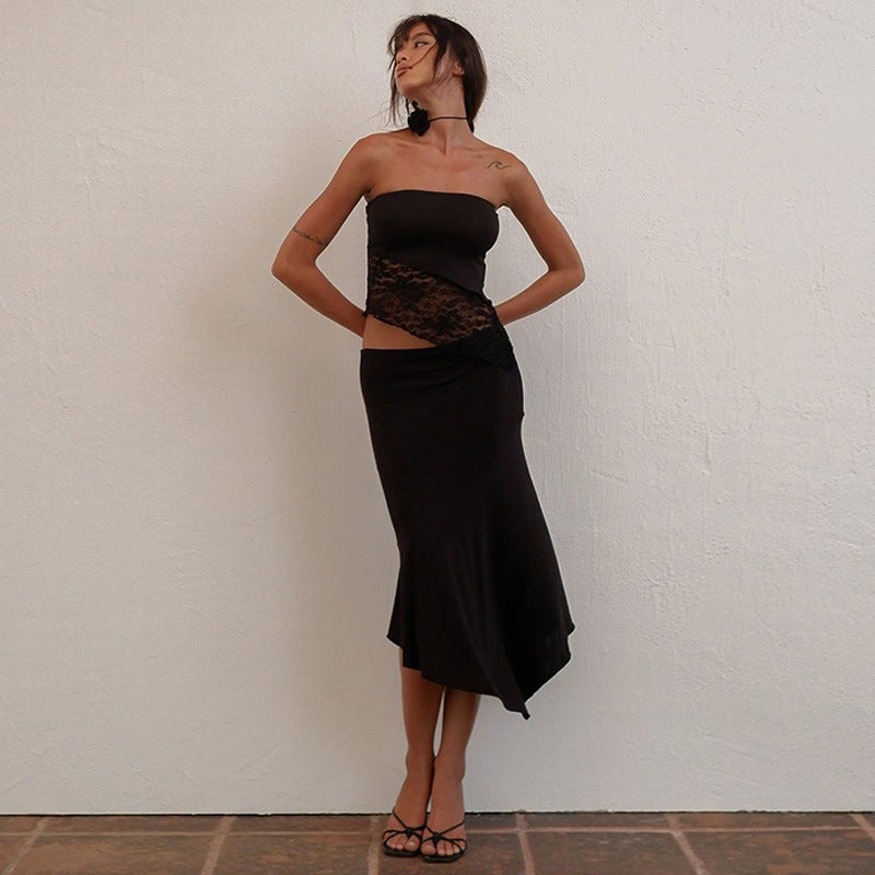 Sexy Tube Top Stitching Lace Beveled Slim Fit Sexy Strap Women Clothing