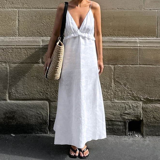 Sexy White Cotton Linen V neck Flounce Loose Sling Dress Spring Summer Vacation Maxi Dress