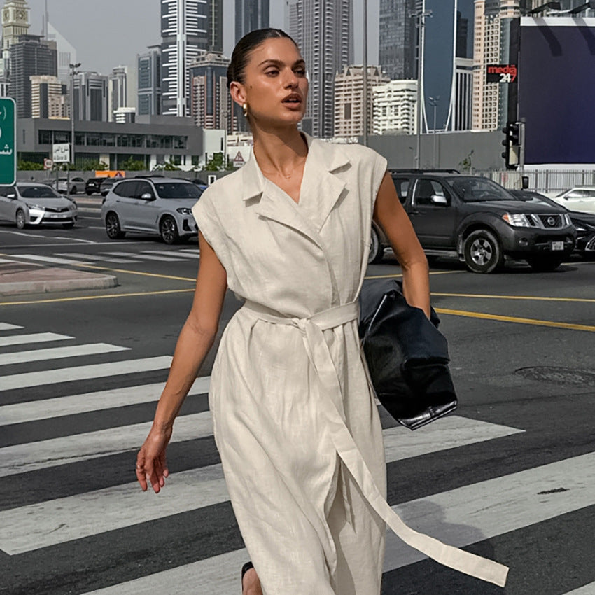 Women Cotton Linen Collar Belt Office Dress Spring Summer Dress