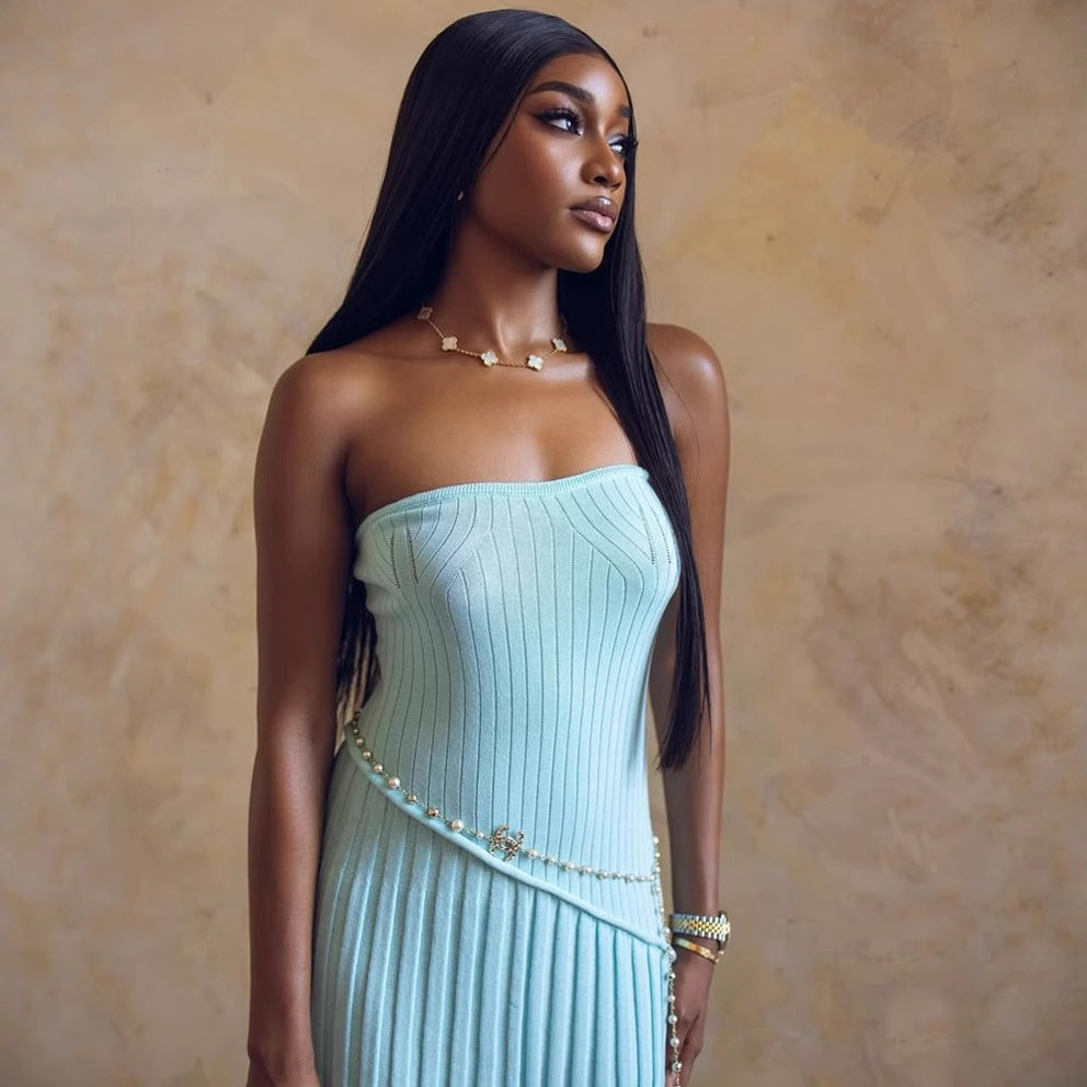 Spring Summer Tube Top Twisted Floral Split Long Wool Dress