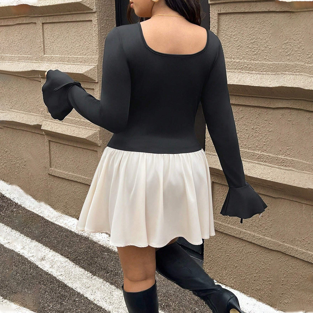 Robe sexy grande taille pour femme, tenue courte, couleur contrastée, automne-hiver