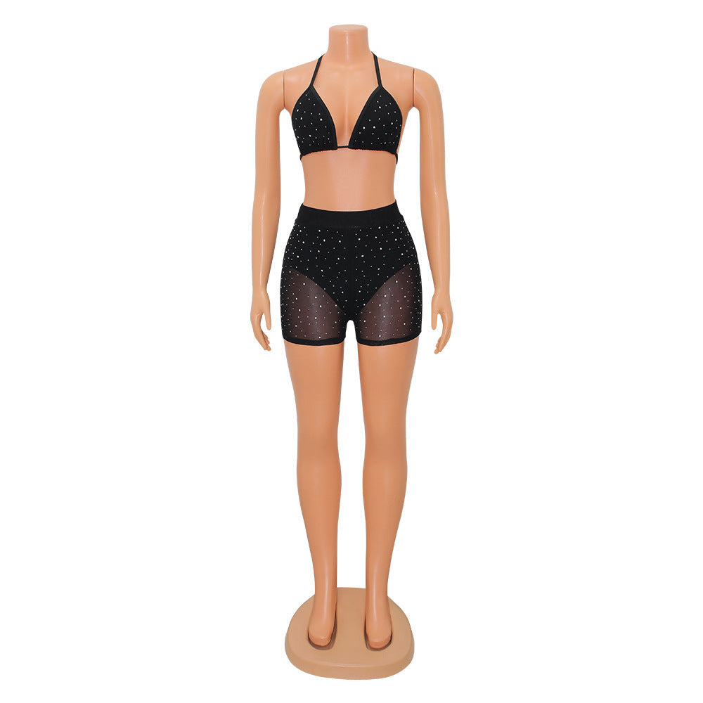 Women's Fashion Tight Mesh Mesh Perspective Ironing Drill Two-piece Set