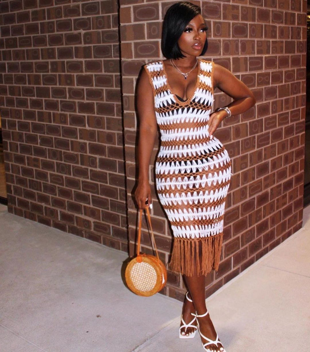 E Commerce Women Clothing Sexy Tassel Wave Crochet Woven Women Dress