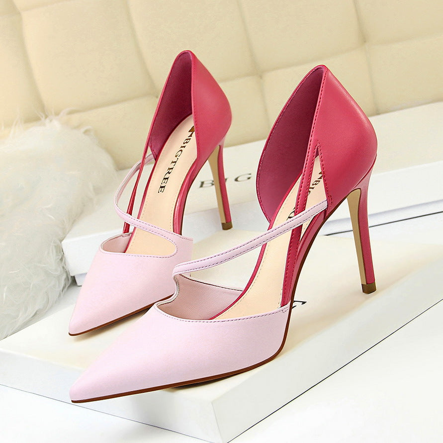 Sweet High Heels Women High Heel Low Cut Pointed Toe Colorblock Hollow Out Cutout out Strap Skinny Shoes