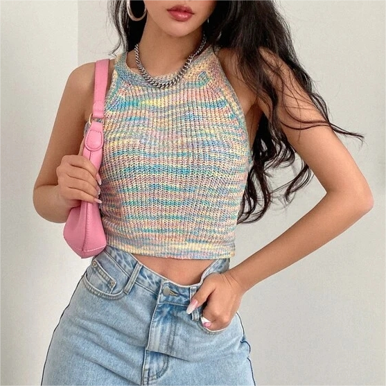 Women Summer Crew Neck Sexy Jersey Slim Crop Tank Top Crochet hook