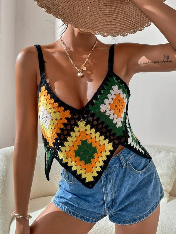 Camisoles au crochet à col en V géométrique pour vacances d'été pour femmes