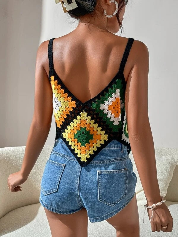 Camisoles au crochet à col en V géométrique pour vacances d'été pour femmes