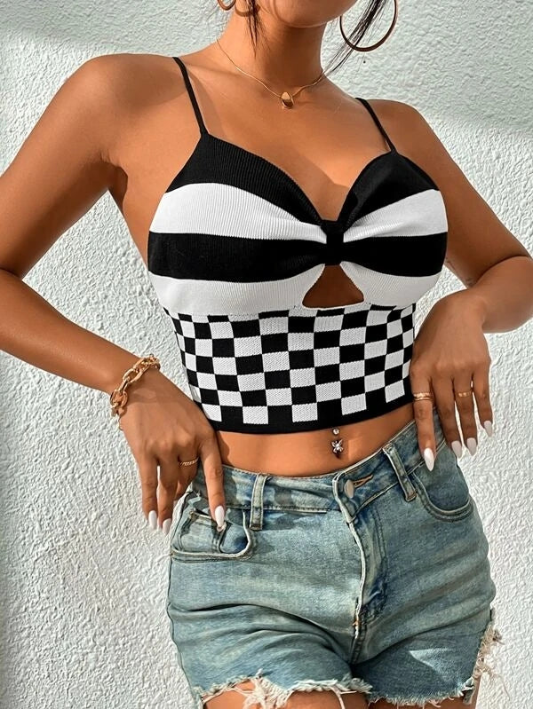 Women Summer Sexy V Neck Black And White Check Short Camis Crochet hook