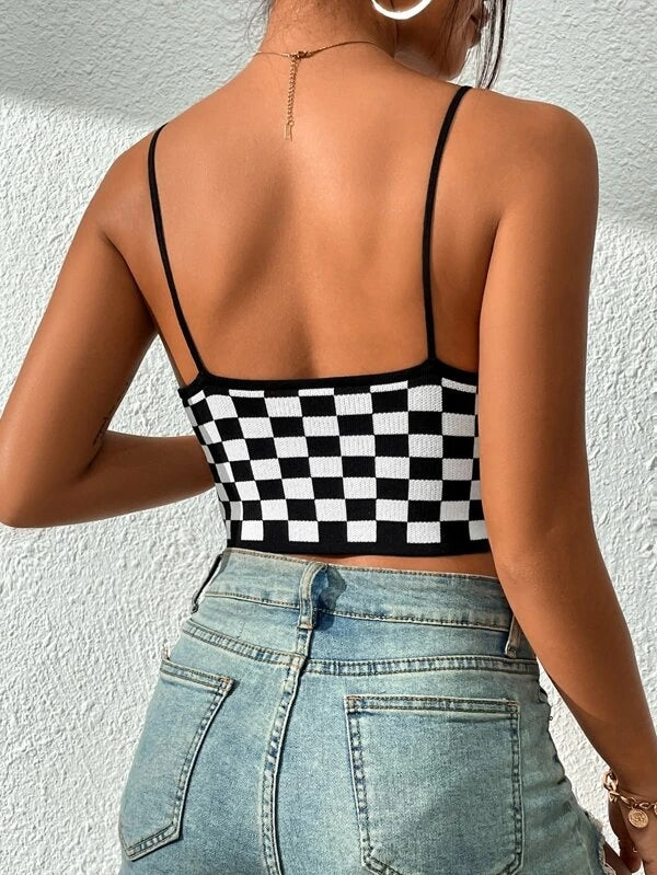 Women Summer Sexy V Neck Black And White Check Short Camis Crochet hook