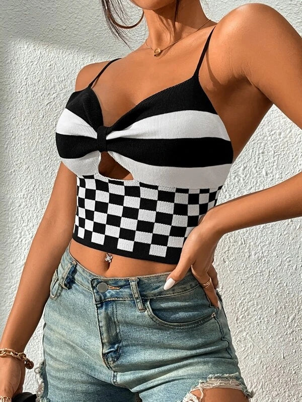 Women Summer Sexy V Neck Black And White Check Short Camis Crochet hook