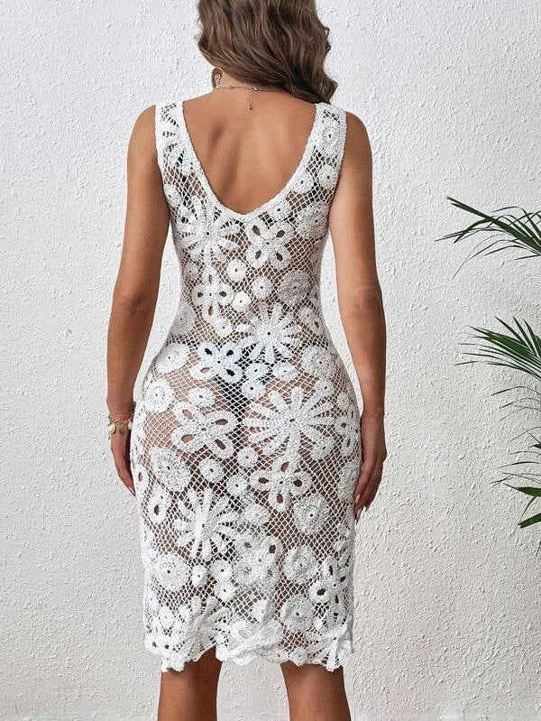 Women Summer New Super Slim Deep V-neck Cutout Crochet Sexy Dress Crochet hook