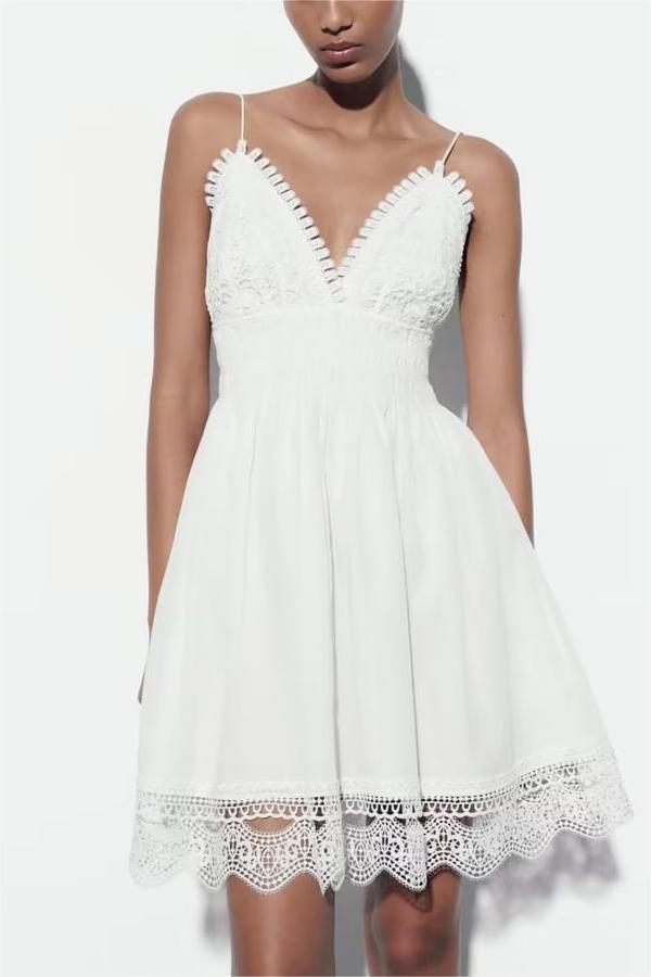 Summer Women Tight Waist V neck Lace Crochet Strap Dress