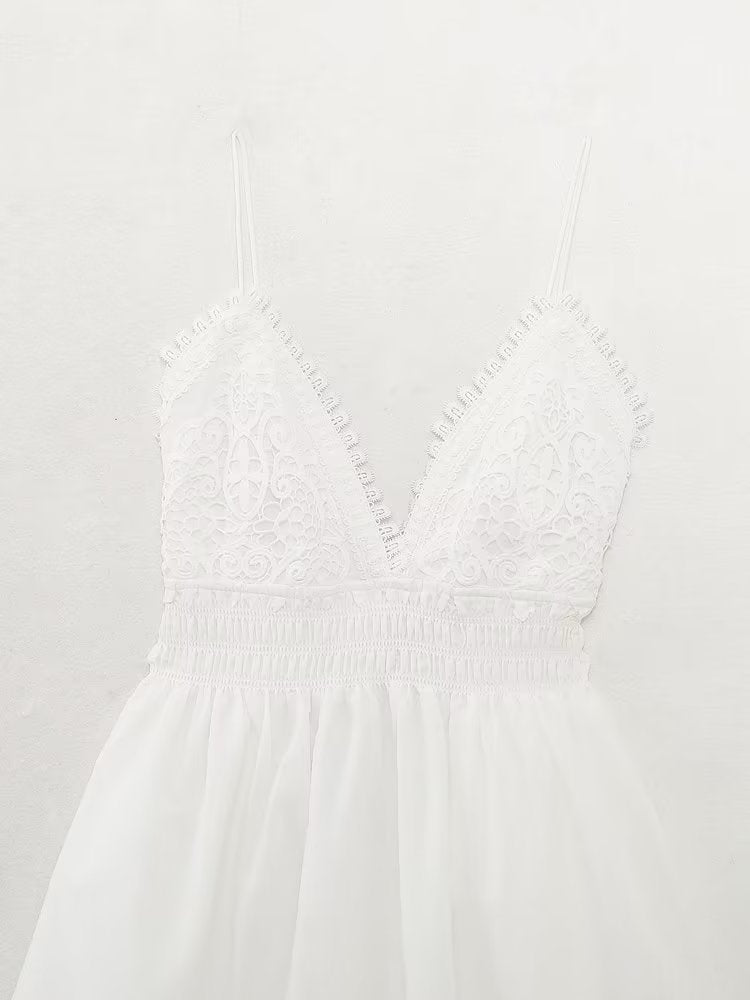 Summer Women Tight Waist V neck Lace Crochet Strap Dress