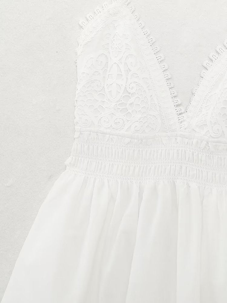 Summer Women Tight Waist V neck Lace Crochet Strap Dress