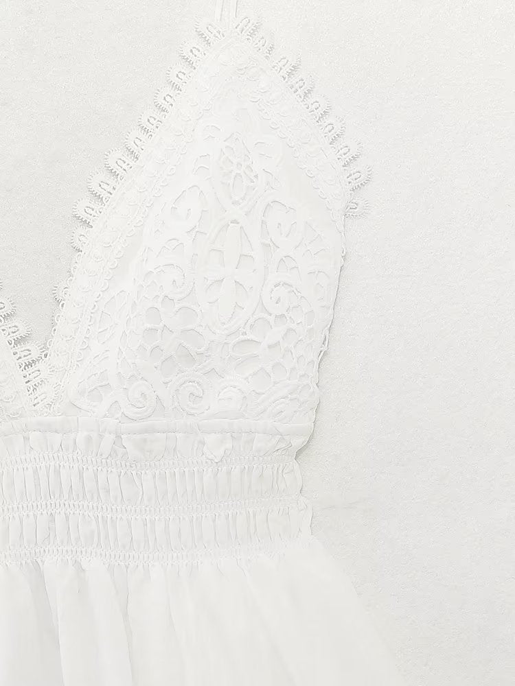 Summer Women Tight Waist V neck Lace Crochet Strap Dress