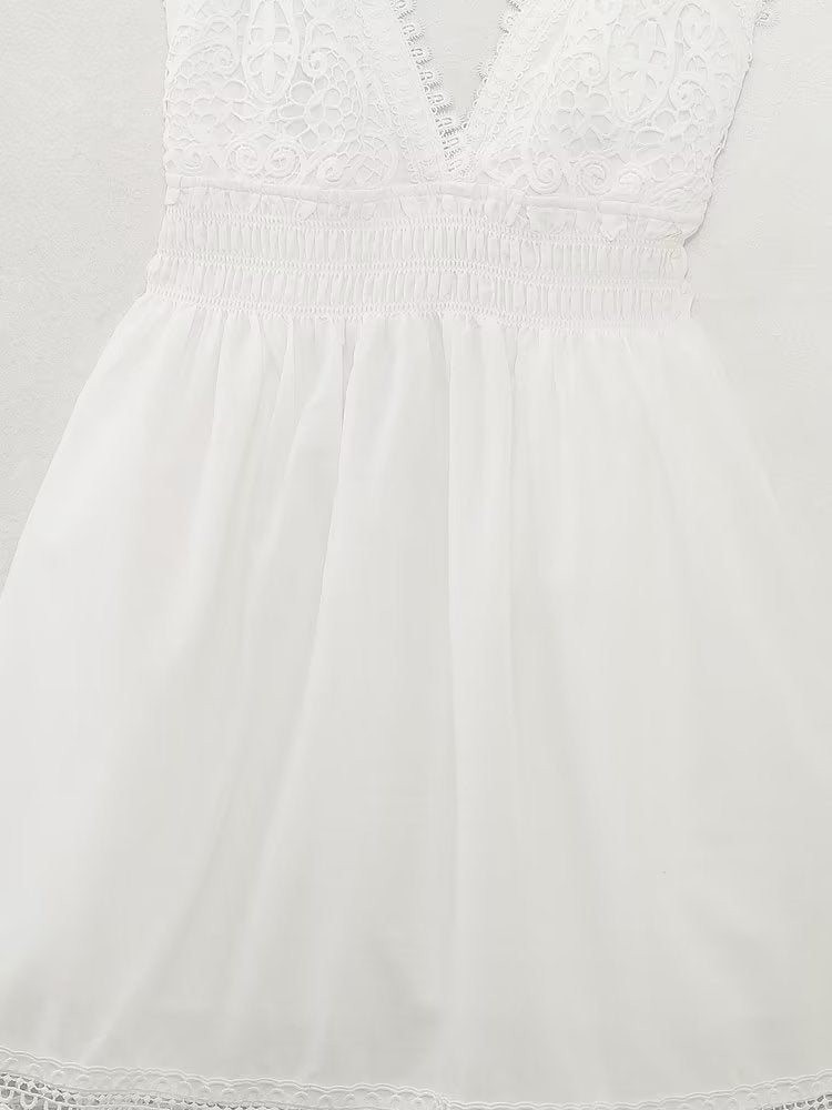 Summer Women Tight Waist V neck Lace Crochet Strap Dress