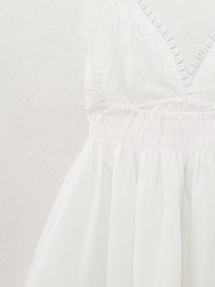 Summer Women Tight Waist V neck Lace Crochet Strap Dress