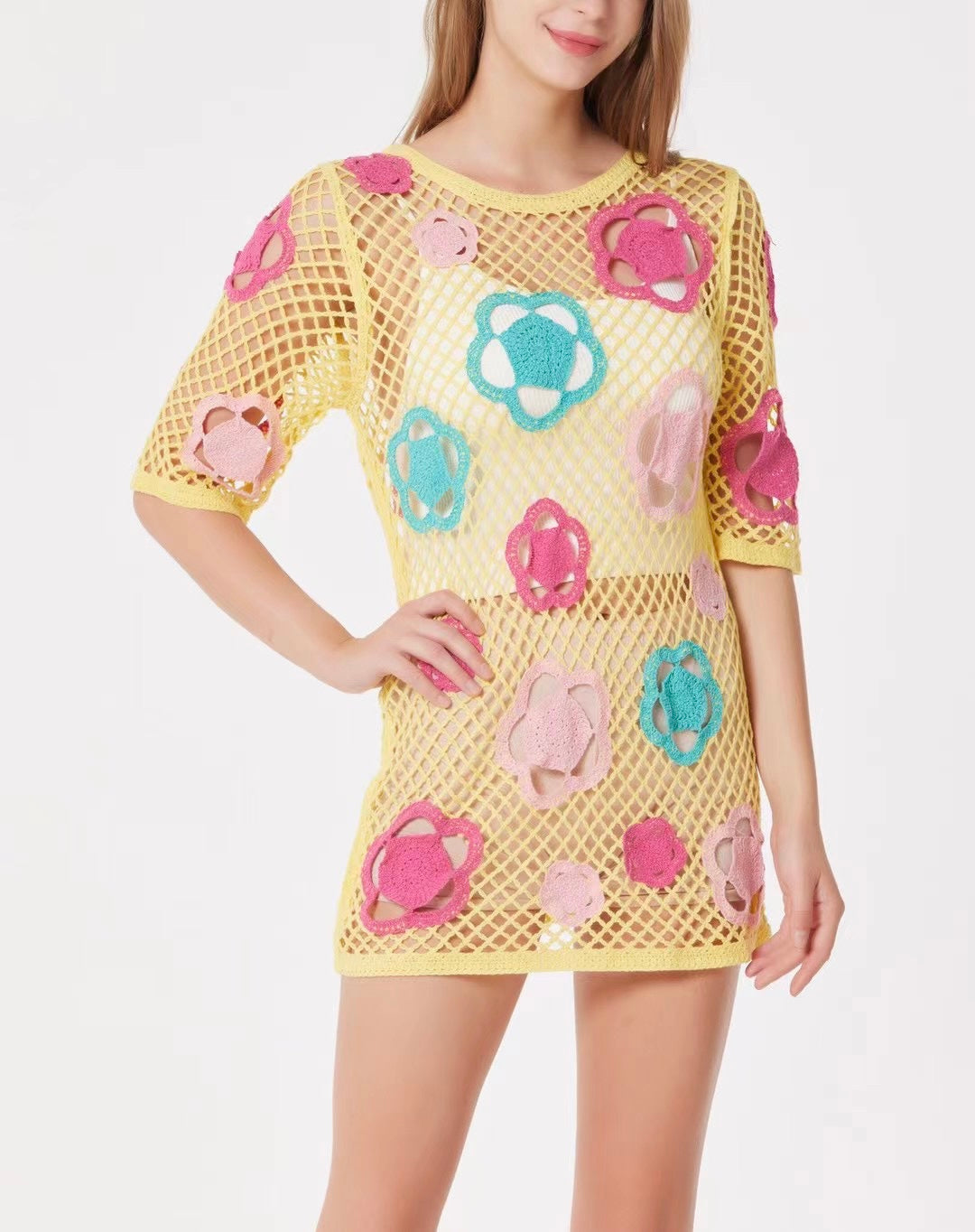 Summer Women Large Mesh Crochet Color Short Dress Mini Dress