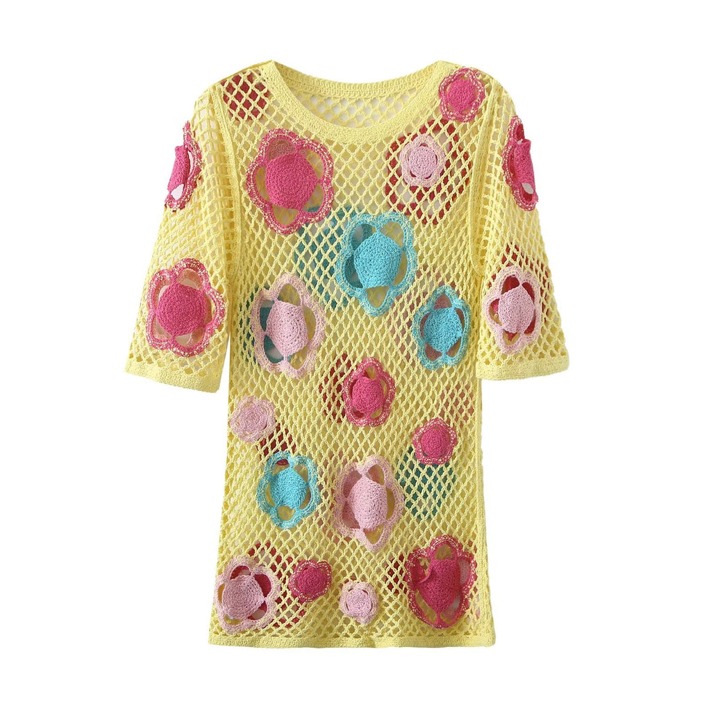 Summer Women Large Mesh Crochet Color Short Dress Mini Dress