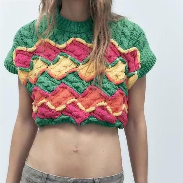 Vêtements pour femmes, pull court en maille effet crocheté, gilet, veste, haut pour femmes