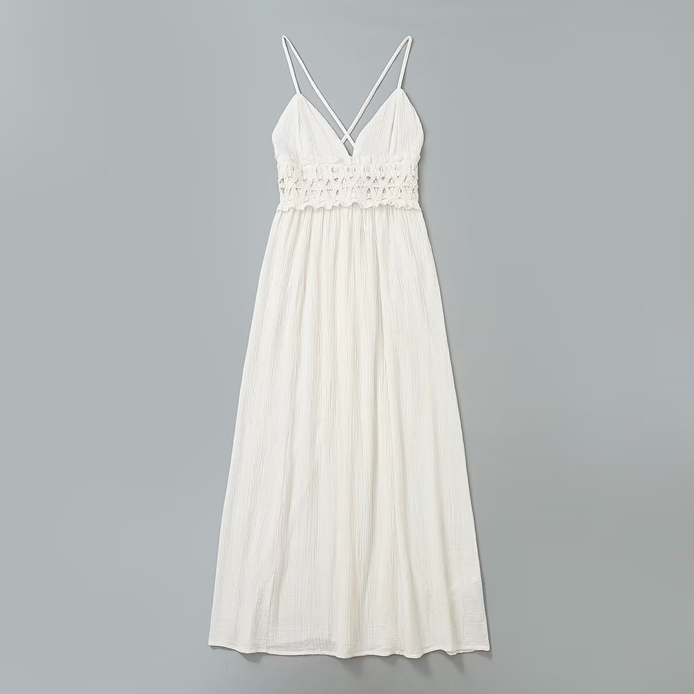 Vestido midi largo de mujer, con cuello en V francés y cintura de ganchillo.