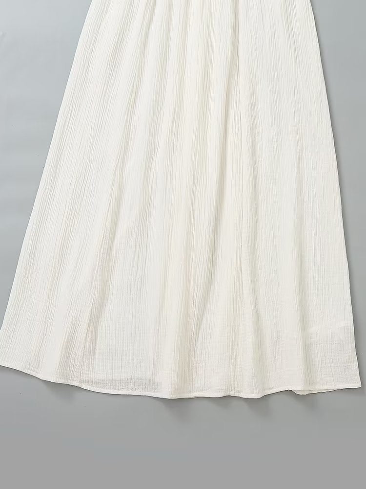 Vestido midi largo de mujer, con cuello en V francés y cintura de ganchillo.