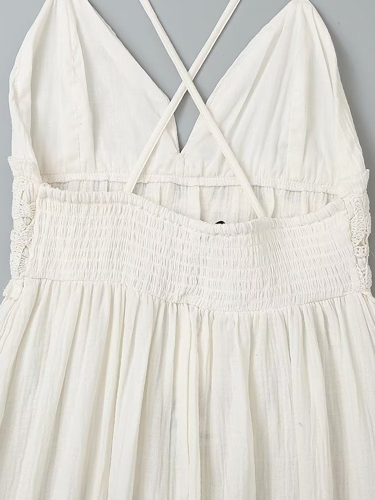 Vestido midi largo de mujer, con cuello en V francés y cintura de ganchillo.