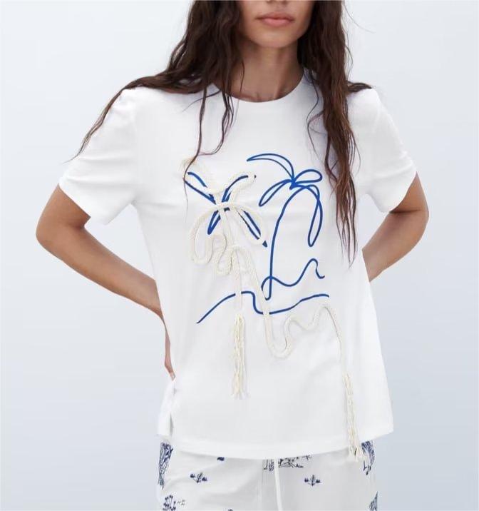 Women Clothing Casual Suit Printing Color Contrast T shirt