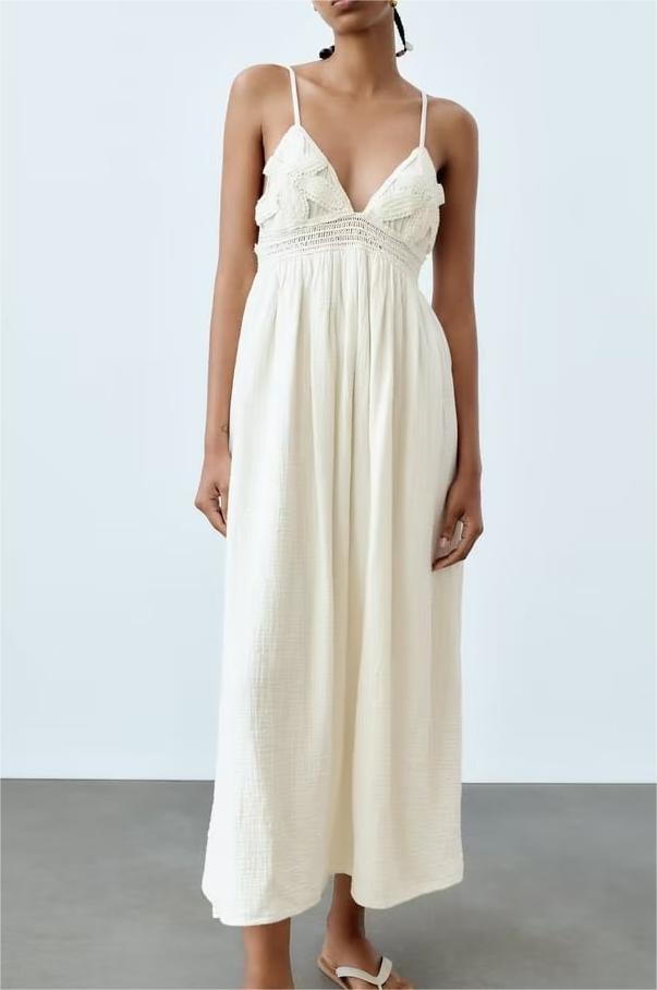 Women Same Color Stitching Crochet Decoration Adjustable Spaghetti Strap V neck Strap Dress