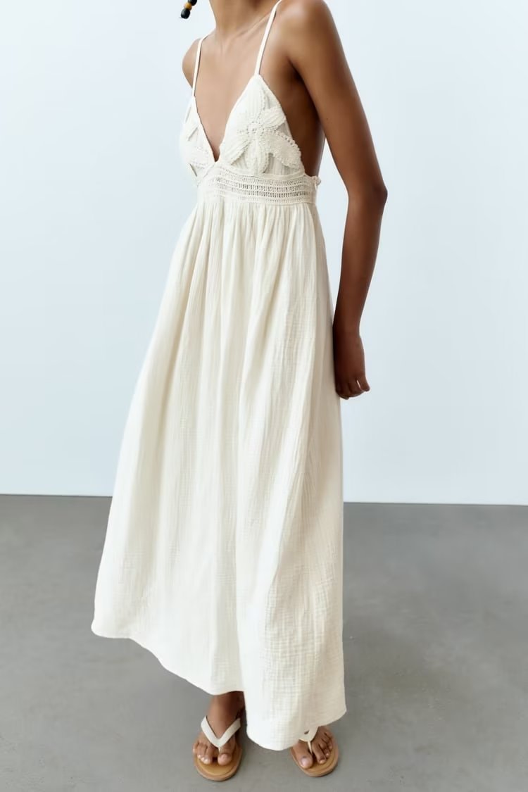 Women Same Color Stitching Crochet Decoration Adjustable Spaghetti Strap V neck Strap Dress