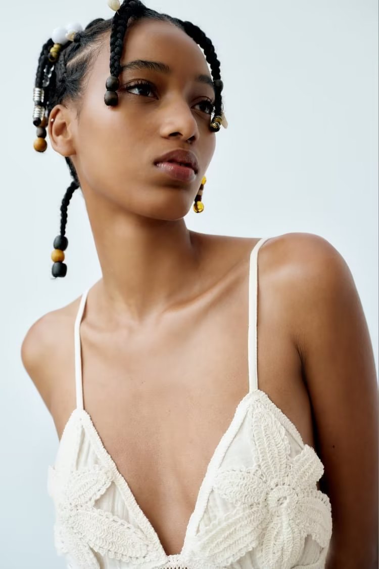 Women Same Color Stitching Crochet Decoration Adjustable Spaghetti Strap V neck Strap Dress