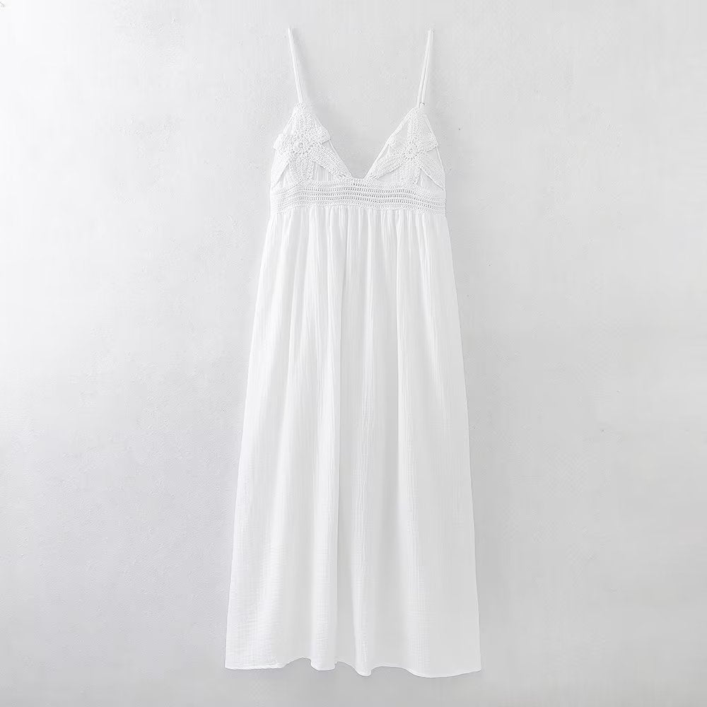 Women Same Color Stitching Crochet Decoration Adjustable Spaghetti Strap V neck Strap Dress