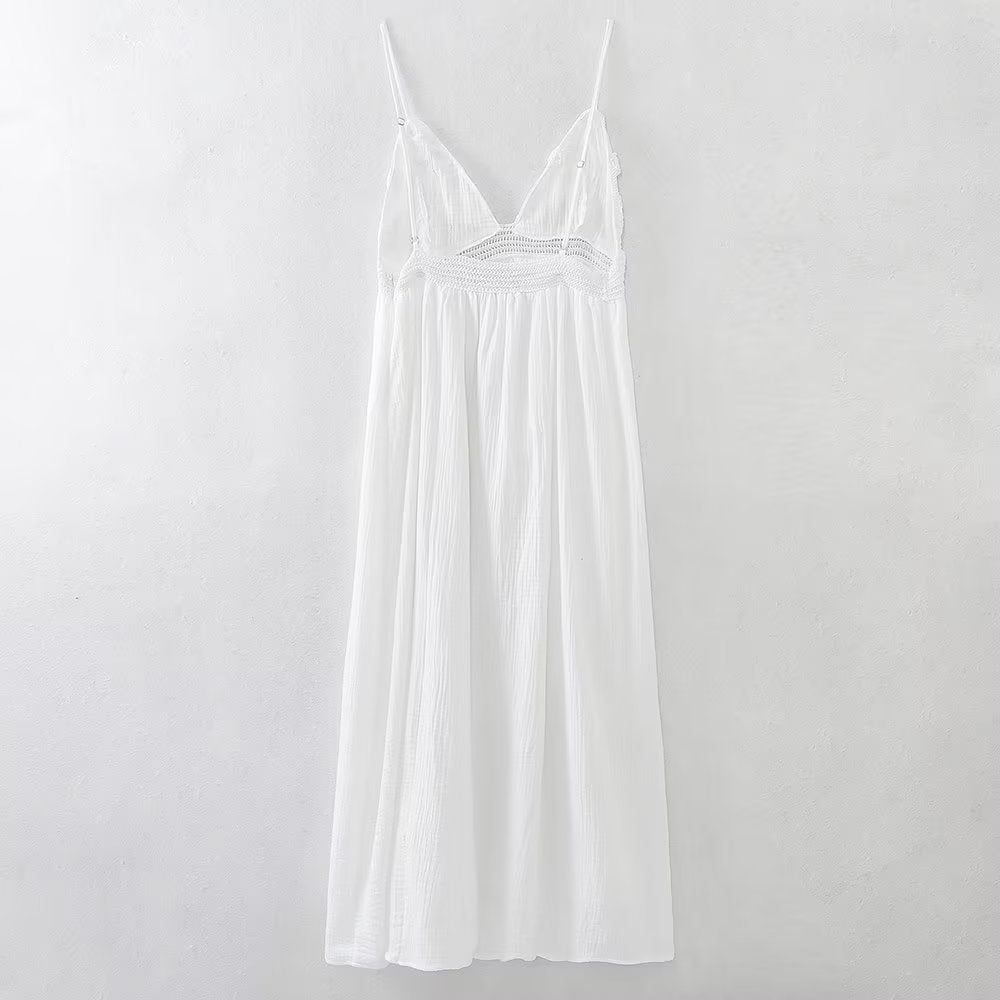 Women Same Color Stitching Crochet Decoration Adjustable Spaghetti Strap V neck Strap Dress