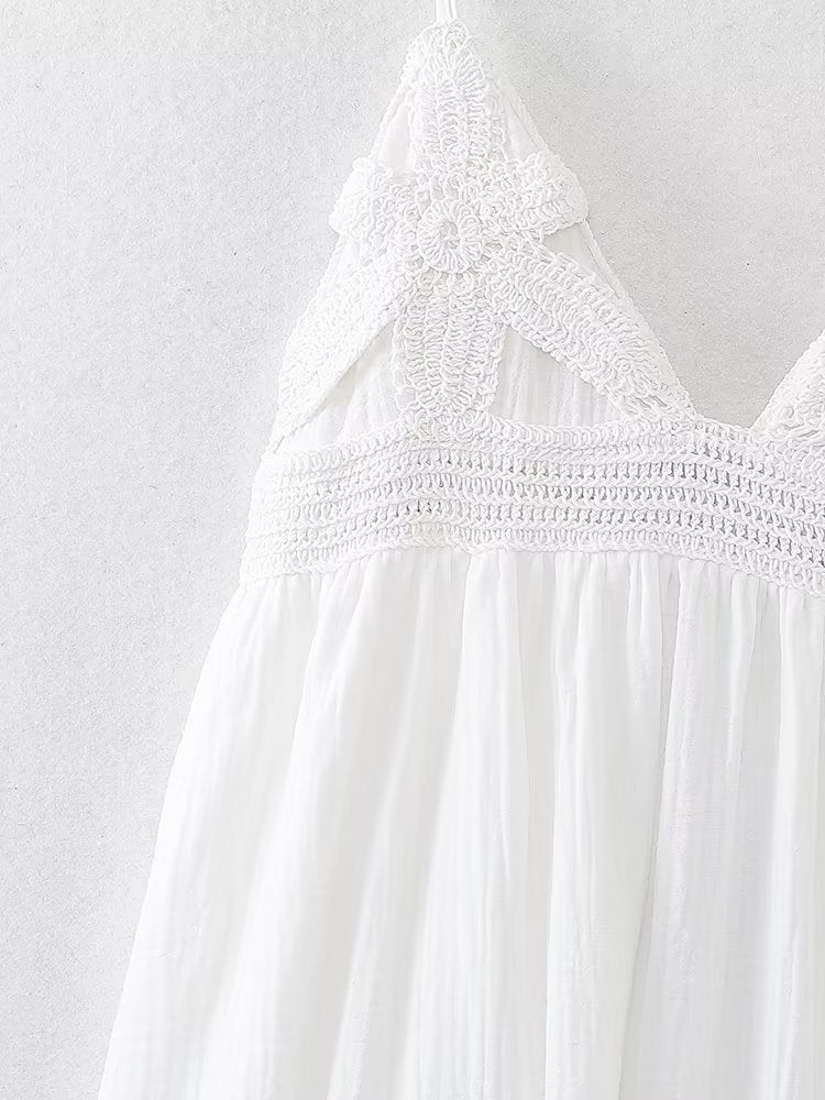 Women Same Color Stitching Crochet Decoration Adjustable Spaghetti Strap V neck Strap Dress