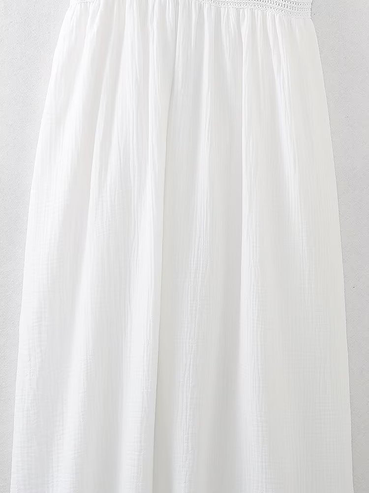 Women Same Color Stitching Crochet Decoration Adjustable Spaghetti Strap V neck Strap Dress