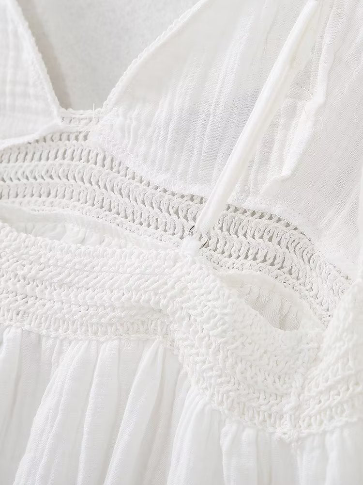 Women Same Color Stitching Crochet Decoration Adjustable Spaghetti Strap V neck Strap Dress