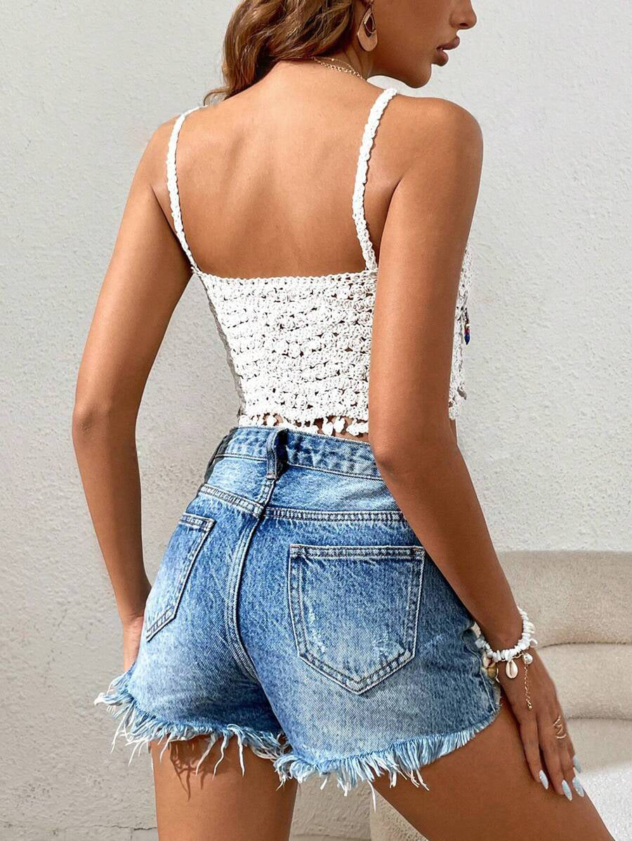 Colorful Tassel Hanging Beads Hand Crocheted Hollow Suspender Top Summer Crochet hook