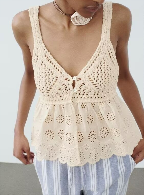 Summer Women Clothing Hollowed out Embroidery Stitching Knitted Sling Top
