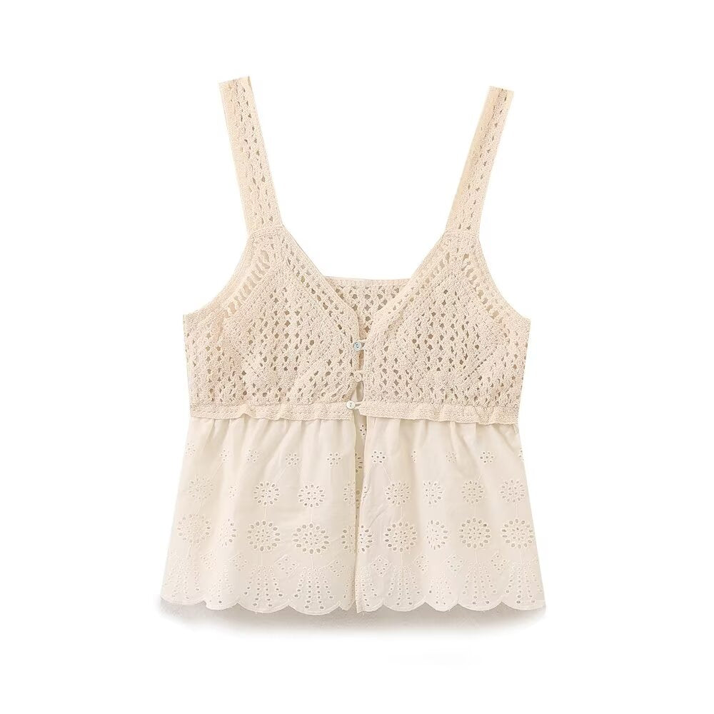 Summer Women Clothing Hollowed out Embroidery Stitching Knitted Sling Top