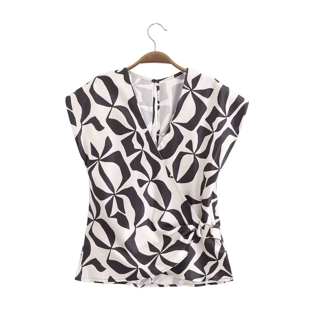 Women Clothing Summer Rayon Collection Bow Metal Ring Sleeveless Shirt Set